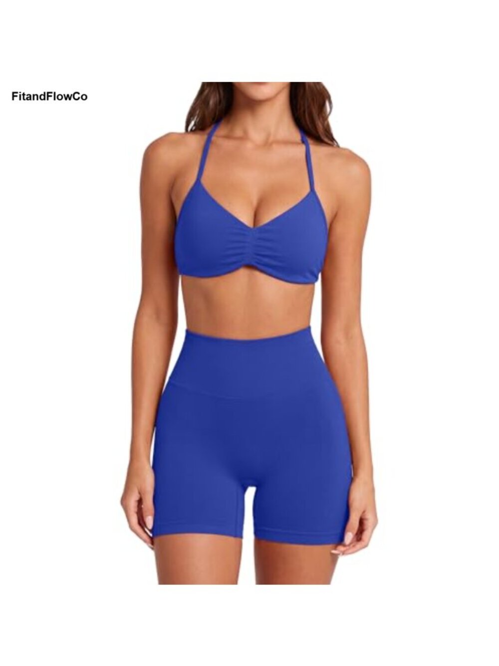 Seamless 2 Piece Workout Set Halter Padded Sports Bra Scrunch Bike Shorts